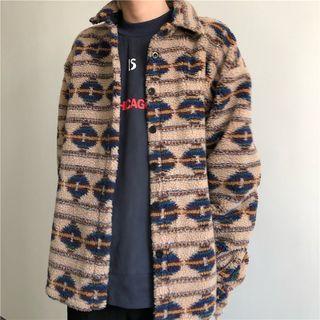 Patterned Fleece Button-up Jacket Khaki - One Size
