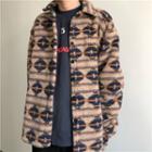 Patterned Fleece Button-up Jacket Khaki - One Size