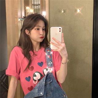 Printed Crewneck Short-sleeve T-shirt / Strap High-waist Jeans