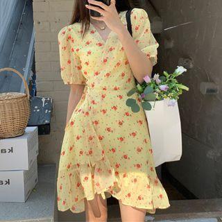 Puff-sleeve Floral Asymmetrical Mini A-line Dress