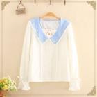 Lace-trim Collar Cat Embroidered Long-sleeve Top White - One Size