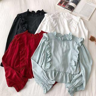 Plain Crewneck Panel Ruffled-trim Long-sleeve Blouse