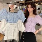 Short-sleeve Shirred Buttoned Crop Top