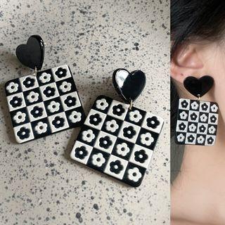 Flower Square Dangle Earring 1 Pair - 1981a - Black & White - One Size