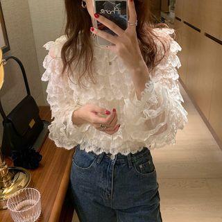 Long-sleeve Layered Ruffle Trim Plain Lace Blouse Almond - One Size