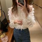 Long-sleeve Layered Ruffle Trim Plain Lace Blouse Almond - One Size