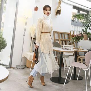 Tulle-hem Open-front Long Cardigan