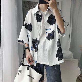Elbow-sleeve Flower Printed Shirt