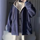 Mock Two-piece Fleece Hooded Button Jacket