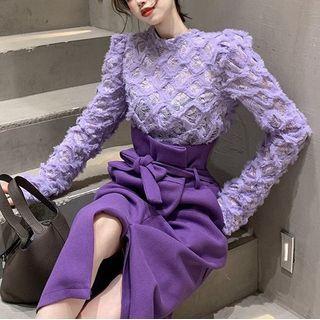 Long-sleeve Textured Top / High-waist Slit Midi A-line Skirt