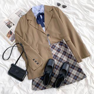 Plain Blazer / Long-sleeve Plain Shirt / Plaid A-line Mini Skirt