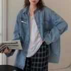 Long-sleeve Print Denim Shirt Blue - One Size