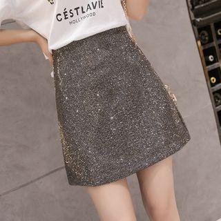 High-waist Rhinestone Mini Skirt