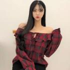 Long-sleeve Off-shoulder Plaid Top Red - One Size