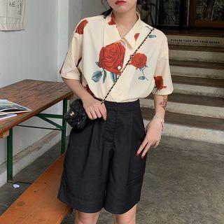 Rose Printed Loose-fit Short-sleeve Shirt / Plain Shorts