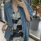 Spaghetti Strap Patterned Dress + Denim Shirt