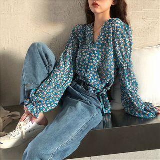 Tie-waist V-neck Floral Print Blouse As Shown In Figure - One Size