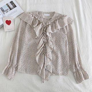 Floral V-neck Ruffled-trim Flare-sleeve Chiffon Blouse Almond - One Size