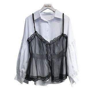 Set: Balloon-sleeve Shirt + Spaghetti Strap Mesh Top