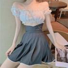 Off-shoulder Short-sleeve Cropped Lace Top / Pleated Mini A-line Skirt