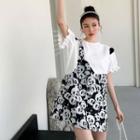Puff-sleeve Panda Print Panel A-line Dress
