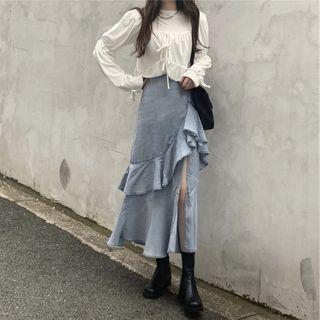 Long-sleeve Plain Drawstring Top / High-waist Asymmetric Ruffle Trim Denim Skirt