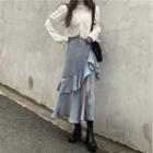 Long-sleeve Plain Drawstring Top / High-waist Asymmetric Ruffle Trim Denim Skirt