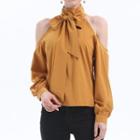 Long Sleeve Ribbon Tie-neck Cut Out Blouse