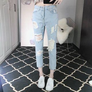 Spaghetti Strap Sequined Top / Cropped Distressed Jeans