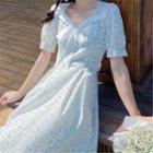 Short-sleeve V-neck Bow Floral Midi A-line Dress