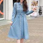 Tie-waist Midi Denim Shirtdress Blue - One Size