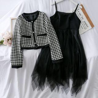 Set: Houndstooth Woolen Jacket + Mesh Slipdress