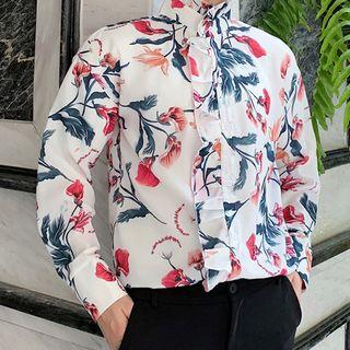 Long-sleeve Tie-neck Floral-print Shirt