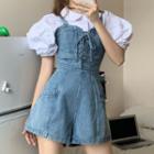 Short-sleeve Blouse / Mini A-line Denim Jumper Dress