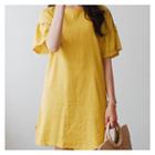 Ruffled Short-sleeve Linen Blend Shift Dress
