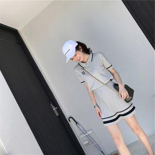 Set: Short-sleeve Lettering Knit Polo Shirt + Mini Accordion Pleated Skirt