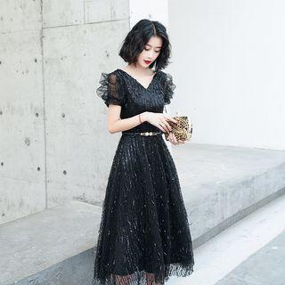V-neck Short-sleeve Midi Party Dress