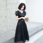 V-neck Short-sleeve Midi Party Dress