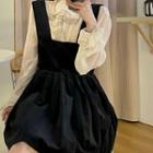 Long-sleeve Lace Trim Blouse / Mini A-line Overall Dress