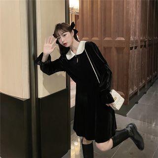 Two Tone Velvet A-line Dress Black - One Size