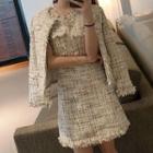 Open-front Tweed Jacket / Sleeveless Fringed Midi Tweed Dress