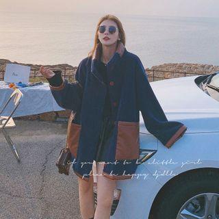 Stand-collar Pu Mixed Fleece Jacket