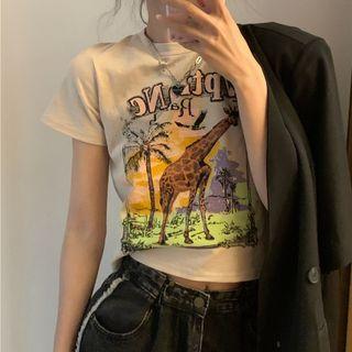 Giraffe Print Cropped T-shirt Almond - One Size