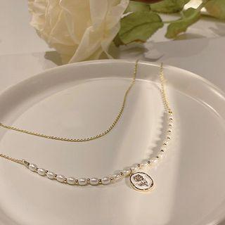 Rose Pendant Freshwater Pearl Alloy Necklace Gold - One Size