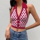 Heart Print Collared Cropped Halter Top