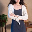 Spaghetti-strap Denim Slit Midi Sheath Dress / Cropped Cardigan