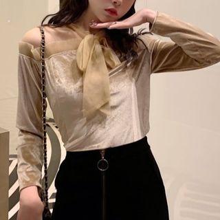 Long-sleeve Tie-neck Cold-shoulder Velvet Top