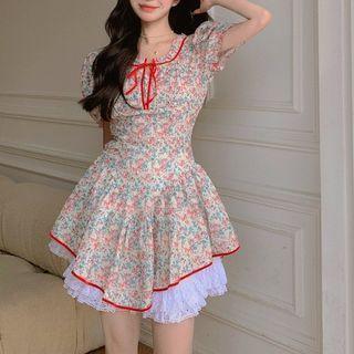 Short-sleeve Floral A-line Dress / Undershorts
