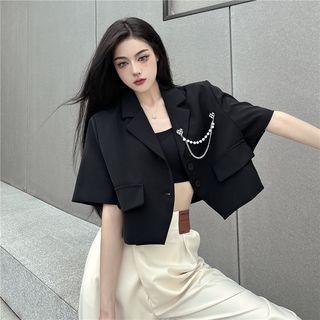 Set: Short-sleeve Cropped Blazer + Faux Pearl Chain Brooch