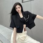 Set: Short-sleeve Cropped Blazer + Faux Pearl Chain Brooch